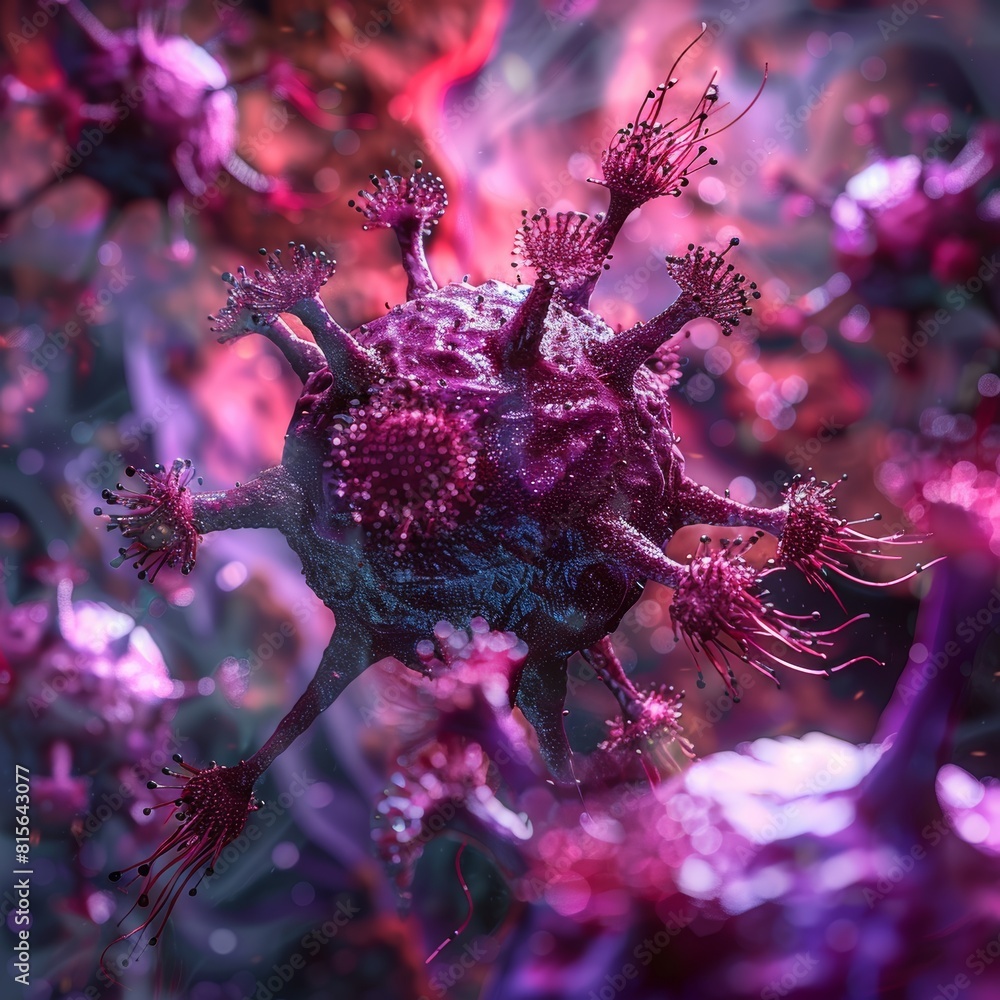 Poster close up of bacteria and virus cells in lab setting with vibrant blurred background