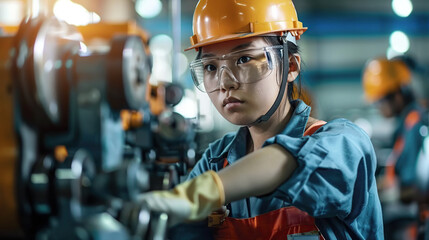 Asian woman technician in a factory is working on a metal drilling machine. Generative AI