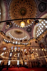 Majestic interior of a large building of Suleymaniye Mosque in Istanbul, Turkey