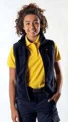 Fototapeta premium woman in yellow tshirt and blue jacket, full body, white background 