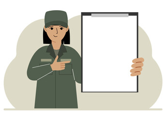 A woman in a military uniform is holding a large clipboard with plenty of space for text. Vector flat illustration