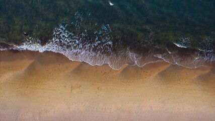 Golden hour aerial: Sandy beach, gently rolling waves..