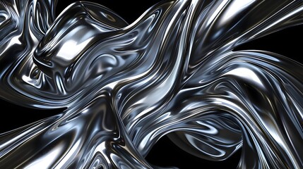 Abstract background of captivating liquid silver chrome swirls forming mesmerizing abstract sculptural patterns in dark futuristic backdrop