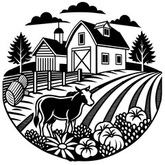 Farm scene captured in a circular vintage linocut style logo, featuring a classic farmhouse, fields, silos, and trees, perfect for agricultural farming themes