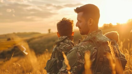 Military dad on a family outing, teaching his kids to fly kites on a windy day, fun and liberating