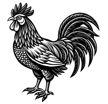 recommend clip art: Vintage illustration of a grazing rooster that eats grain, monochrome linocut of a farm chicken, suitable for agriculture logo