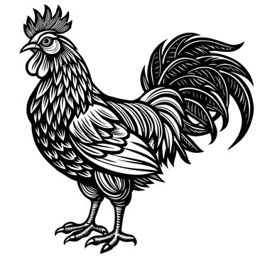 recommend clip art: Vintage illustration of a grazing rooster that eats grain, monochrome linocut of a farm chicken, suitable for agriculture logo