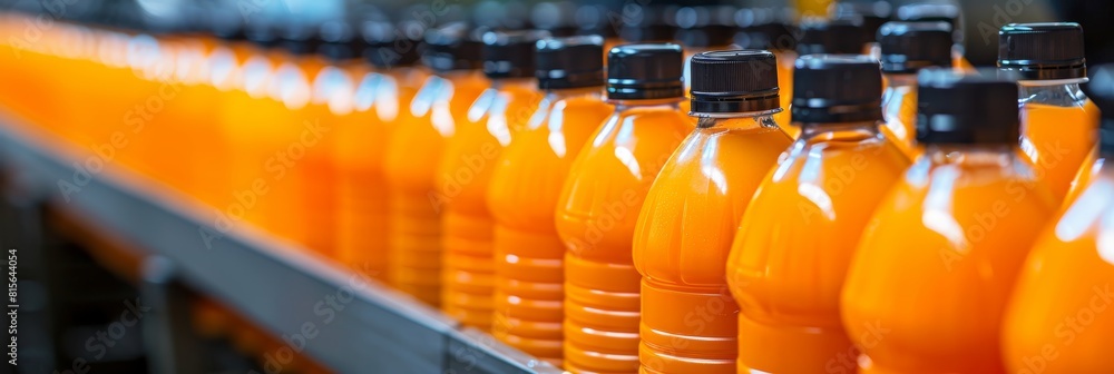 Poster efficient production line for bottled juice in a contemporary factory environment