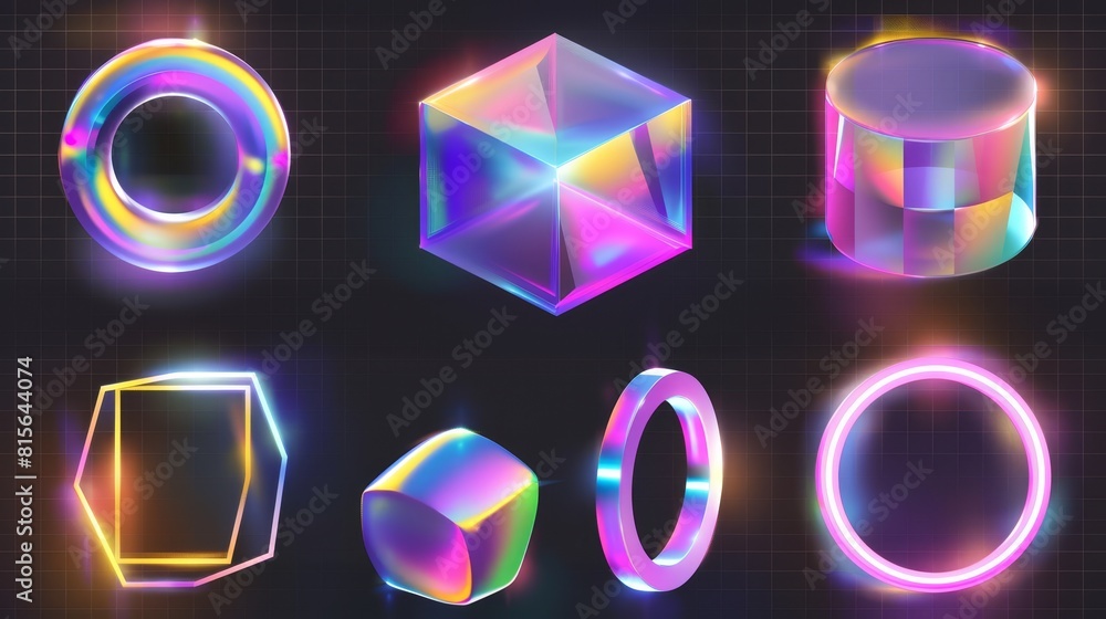Poster 3d graphics isolated on transparent background. abstract square and glossy ring with holographic gra