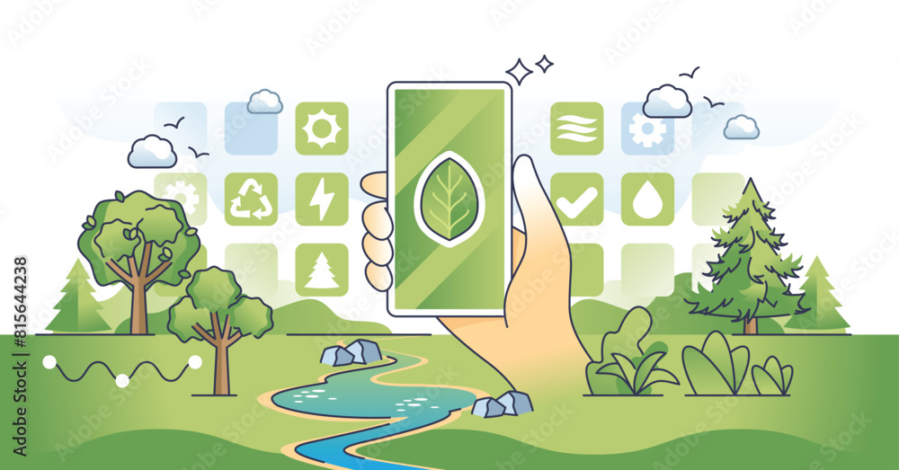 Poster eco app development with ecological program design outline hands concept. application for sustainabl