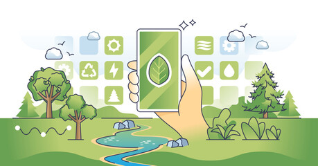 Eco app development with ecological program design outline hands concept. Application for sustainable energy, alternative power and save water resources vector illustration. Environmental smartphone