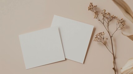 two blank notecards on a beige linen background. A small bouquet of beige and brown dried flowers is on the right side of the notecards.