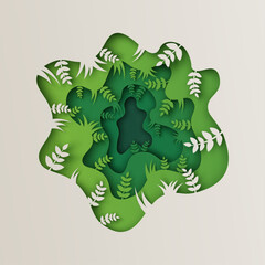 Paper curved carve art of branch in green forest. Green forest frame. paper cut and craft style. vector, illustration.
