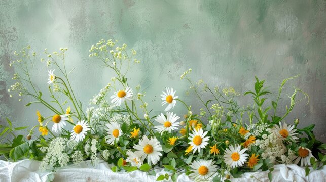 A stunning rustic floral arrangement showcasing a delightful bouquet of meadow flowers including chamomile dandelion and clover set upon a white table against a lush green backdrop This bea