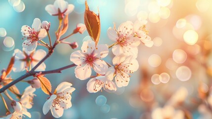 Macro cherry blossom branches against blurry blue sky panoramic view of stunning spring floral scene