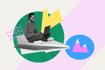 Collage artwork image of funny cheerful girl booking tickets abroad isolated on painted background