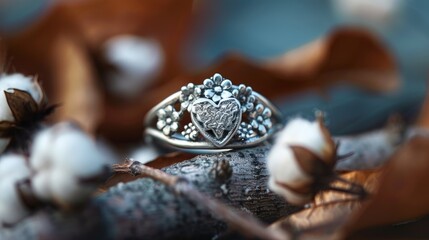 Charming small handmade silver ring featuring a heart design surrounded by cotton flower motifs Unique accessories for jewelry