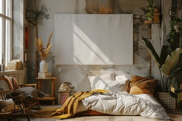 Blank frame in the middle of white loft interior room, Mock up,