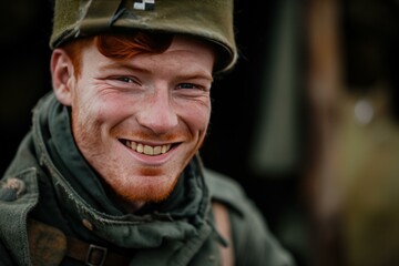 Obraz premium Close-up of a young soldier with a smile, wearing a retro army uniform and helmet