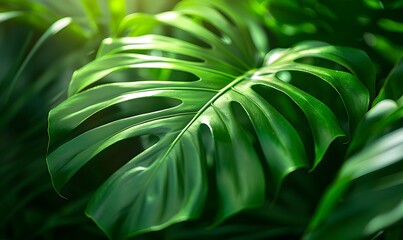 Green Monsterra Leaf Closeup, Generative AI