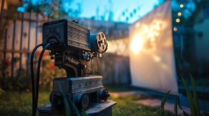 An old 16mm film projector is set up in a backyard. The projector is on a tripod and is projecting a movie onto a screen.