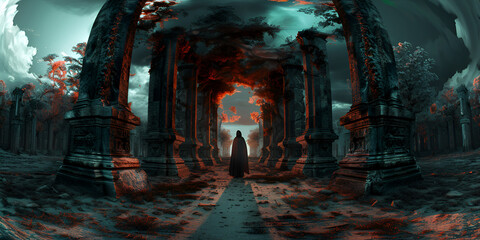 A demonic gateway with ominous energies and protective wards, Underworld city where mythical creatures coexist o

