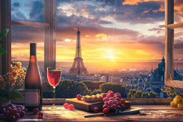 Welcome to France, Open window to Eiffel Tower and Paris landscape,