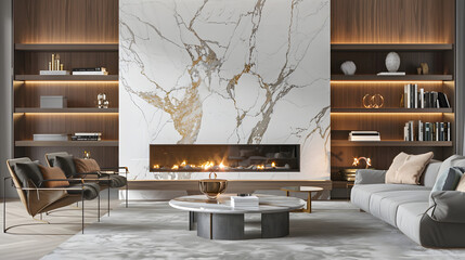 living room marble wall fireplace and stylish bookcase to the ceiling in a chic expensive interior of a luxurious country house with a modern design with wood and led light gray furnit : Generative AI