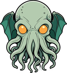 Vector illustration of a mythical Cthulhu with red eyes against a white background
