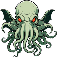 Vector illustration of a mythical Cthulhu with red eyes against a white background