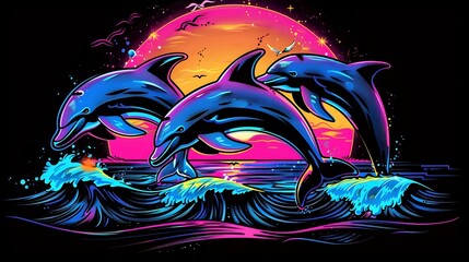 Synchronized Dolphin Pod Leaping in Vibrant Synthwave Seascape