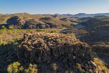 Aerial view of native American ruins overlooking the dry Agua Fria River, Arizona