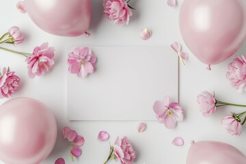 blank horizontal post card, pink flowers, balloons