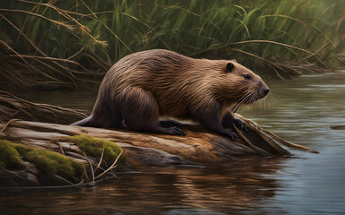 Beaver meticulously constructing its dam in a quiet Canadian river