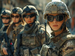 A group of female soldiers in combat gear are standing in a row, looking at the camera. They are wearing helmets, sunglasses, and carrying guns.