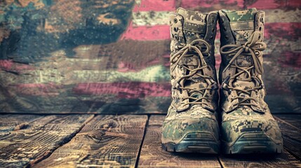 A pair of old combat boots sit in front of an flag.