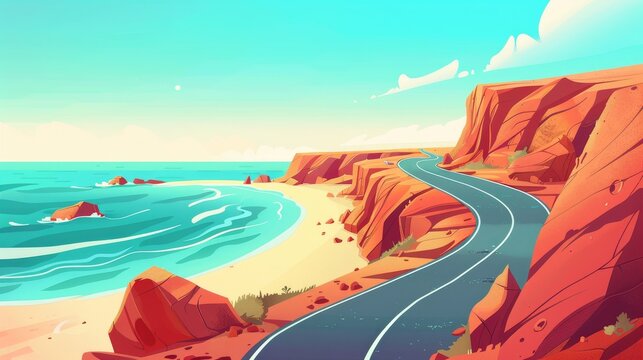 An illustration of a desert road car driving to the seashore. Rock canyons and the ocean coast scenery. Detailed route to the sea coast and beach.