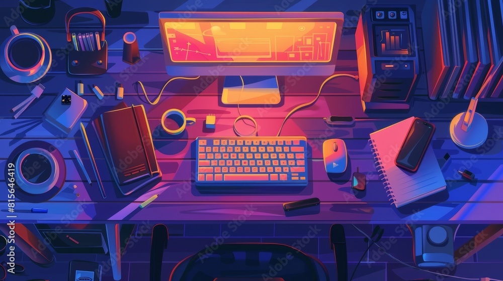 Poster a desk with a computer light at night. top view of an office or home table workspace with a pc, mous