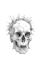 Gothic illustration of a skull with a crown of thorns, isolated on a clean white background