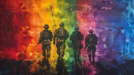 Four soldiers walking through a rainbow. The soldiers are in silhouette.