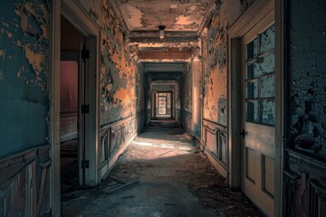 Moody view of a dilapidated corridor with peeling paint and debris