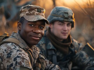 Fototapeta premium Two soldiers in uniform, one black and one white, are sitting side by side and smiling at the camera.