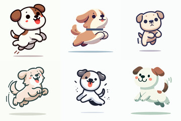 set of cute puppies jumping happily. flat vector illustration