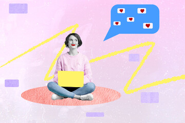 Trend artwork composite sketch collage of love like heart banner reaction social media silhouette young lady sit hold laptop textbox cloud