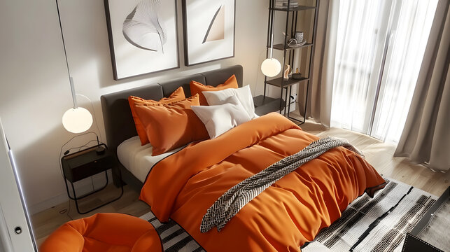 Interior design of warm bedroom with mock up poster frame black rack bed with orange bedding stylish armchair round pillow patterned rug slippers and personal accessories Home decor Te : Generative AI