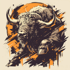 Bull badge creative illustration for t-shirt design. Animal buffalo concept poster. Taurus creative graphic design. Digital artistic raster bitmap illustration. Graphic design art. AI artwork.