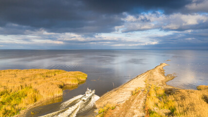Aerial autumn colored scenic view to the coastal zone  of the large shallow lake