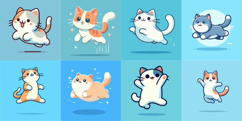 Cartoon cute cat characters collection. Flat color simple style design. Vector illustration