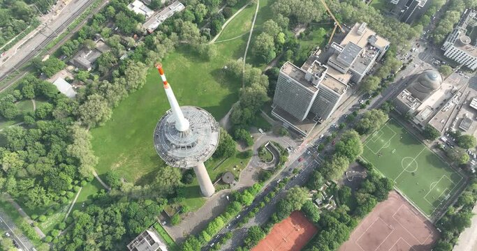 Aerial top down drone view on the Colonius telecommunications tower in Cologne, Germany.