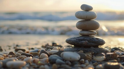 Fototapeta premium stones stacked on top of each other, beach in the background 